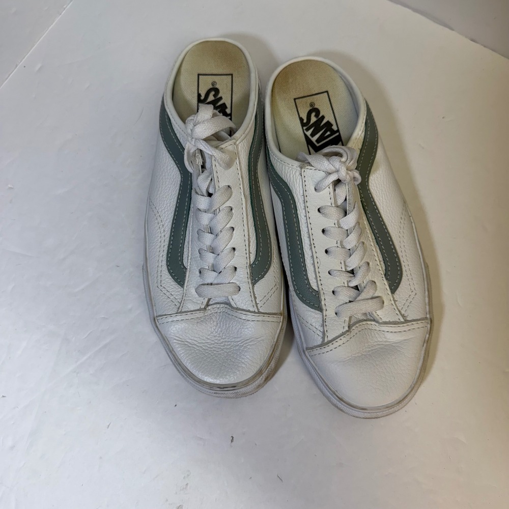 Vans Old Skool Mule White Leather Sage Green Stripe Slip On Sneakers Women 7